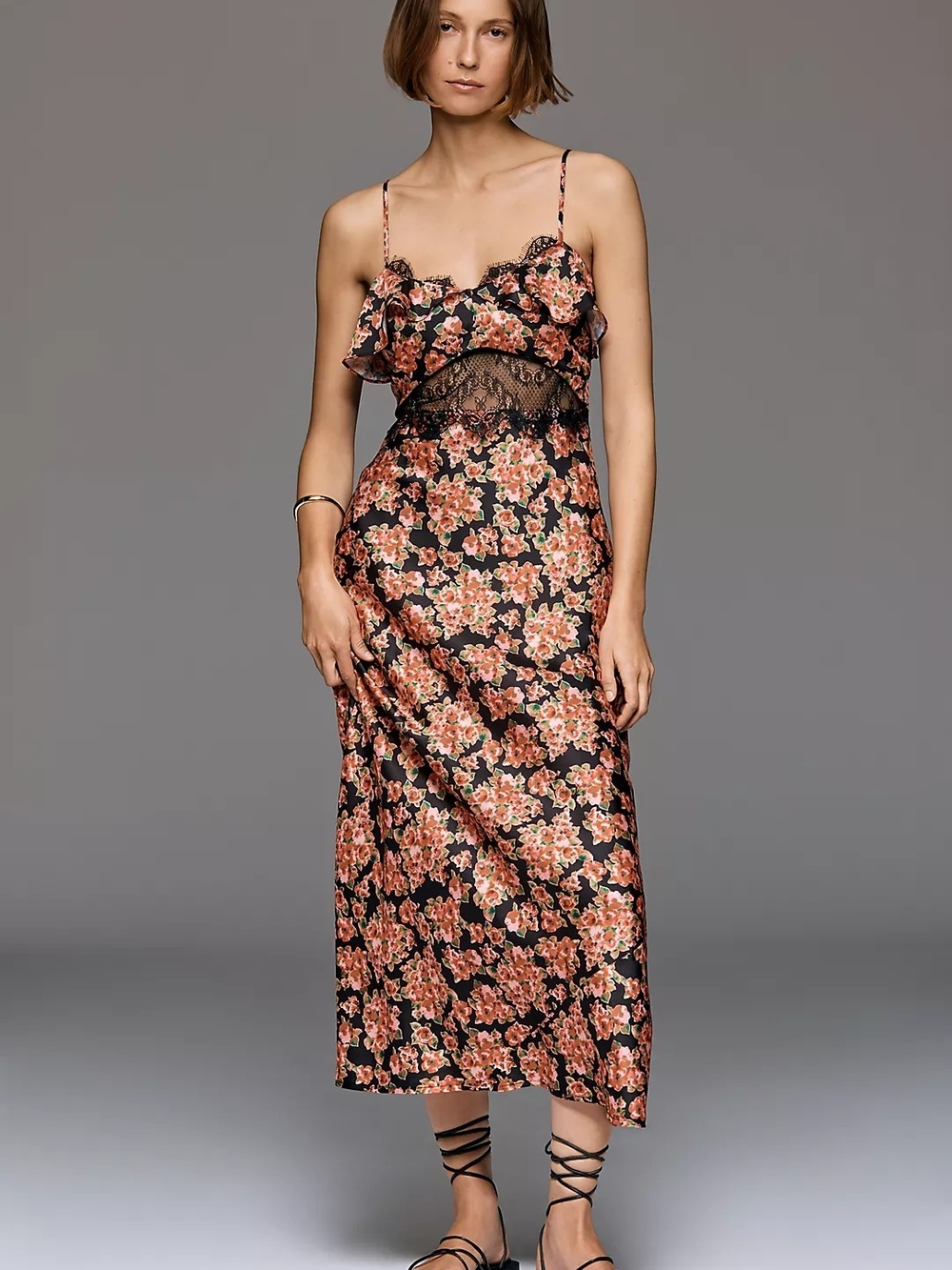 Anthropologie Sheer Lace Satin Slip Dress in Red Floral